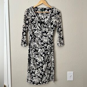 Lauren Ralph Lauren Faux Wrap Dress Women 4 Floral 3/4 Sleeve Stretch V-Neck